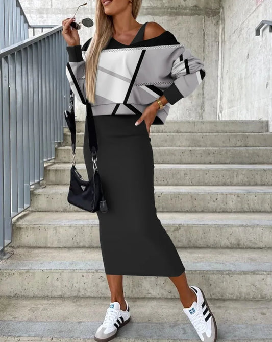 Fashion Print Two Piece Dress Women's Set Sexy Deep V-Neck Top & Bag Hip Long Dress Set 2023 Autumn Winter New Casual Outfit