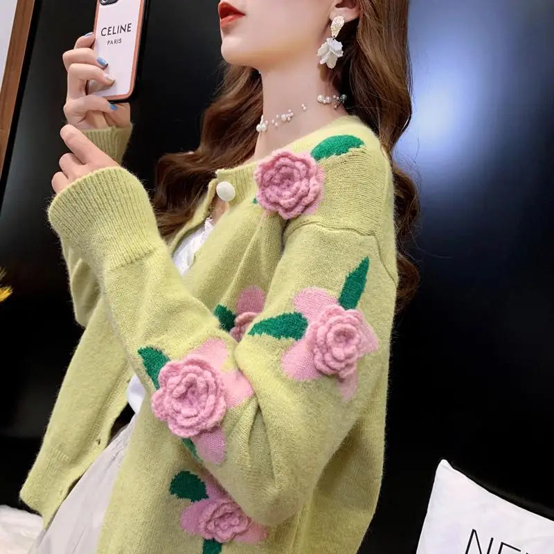 Sweater Female 2023 Spring and Autumn Knitwear Women Heavy Industry Rose Blossom Embroidery Contrast Sweater Coat Cardigan