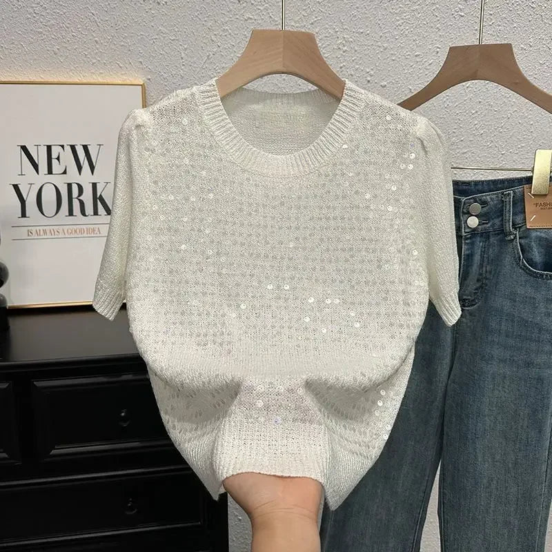 Summer Sweater Short-sleeved T-shirt for Women Temperament and Fashionable Versatile Half-sleeved Sweater Sequin Top