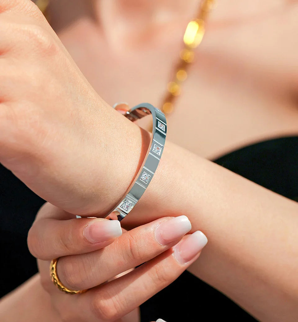 Stainless Steel Bracelet Bangle For Women Men 18k Gold Plated Inlaid Shiny Zircon Openable Unisex Bracelets Bangles Couples Gift