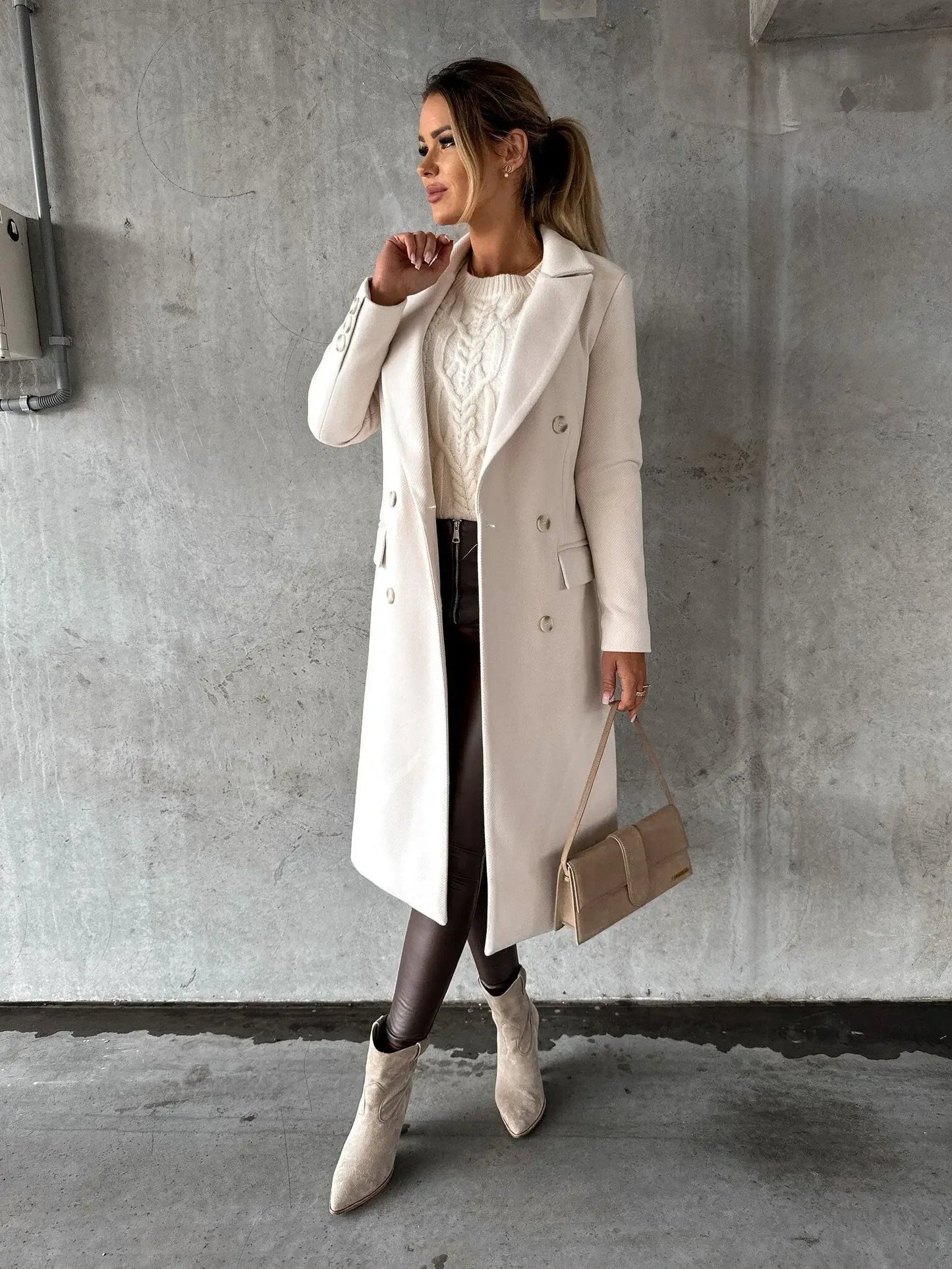 Women Double Breasted Woolen Outerwear Solid Color Long Overcoat Commuter Style Turndown Collar Lady Outerwear for Autumn Winter
