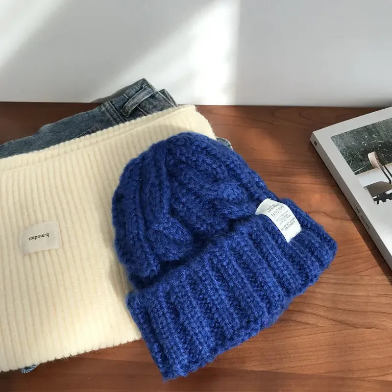 New Hat Women's Coarse Knitted Knitted Wool Hat Autumn and Winter Versatile Big Head Circumference Green Loose Ins Trendy F