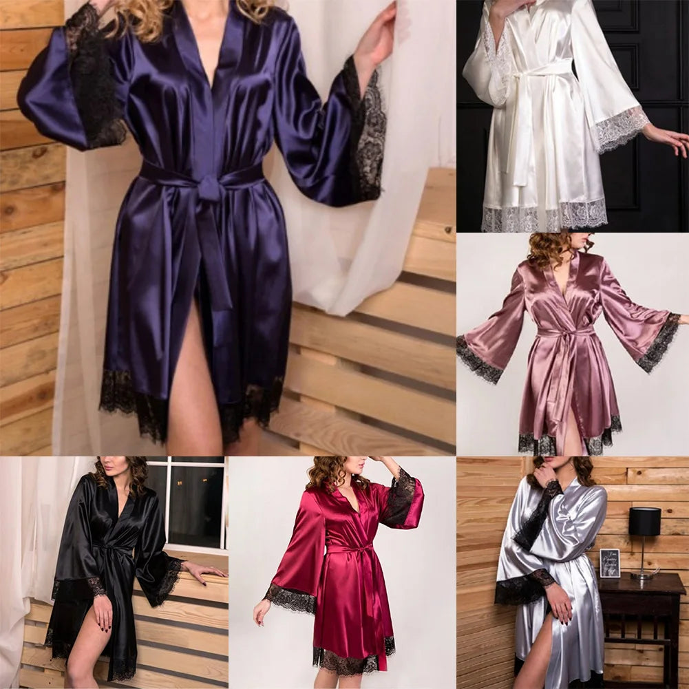 Women's Robes Comfortable Ice Silk Ultra-Thin Sleepwear Sexy Lace Edge Nightgowns Female Sleep Shirts Solid Color Night Dress