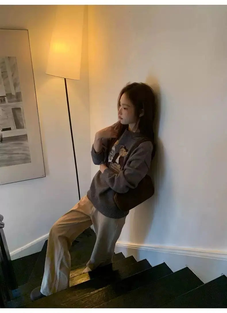 Sweater cartoon small bag core yarn needle retro women's  loose round neck knitted sweater new print black