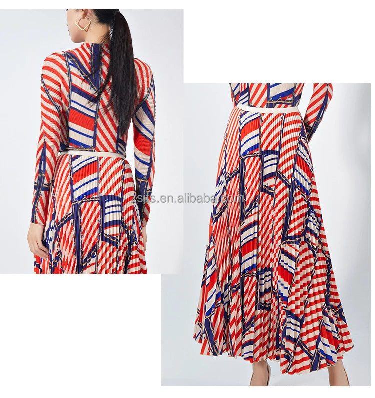 Elegant Women's Two-Piece Dress Set Pleated Striped Long-Sleeved Turtleneck Skirt Ankle Length Woven Fabric Anti-Static