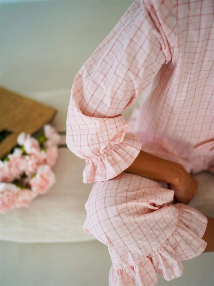 Women's Two Piece Outfits Set Long Sleeve Tie Front Top and Ruffled Wide Leg Pants Y2k Peplum Pajama Sets Homesuits