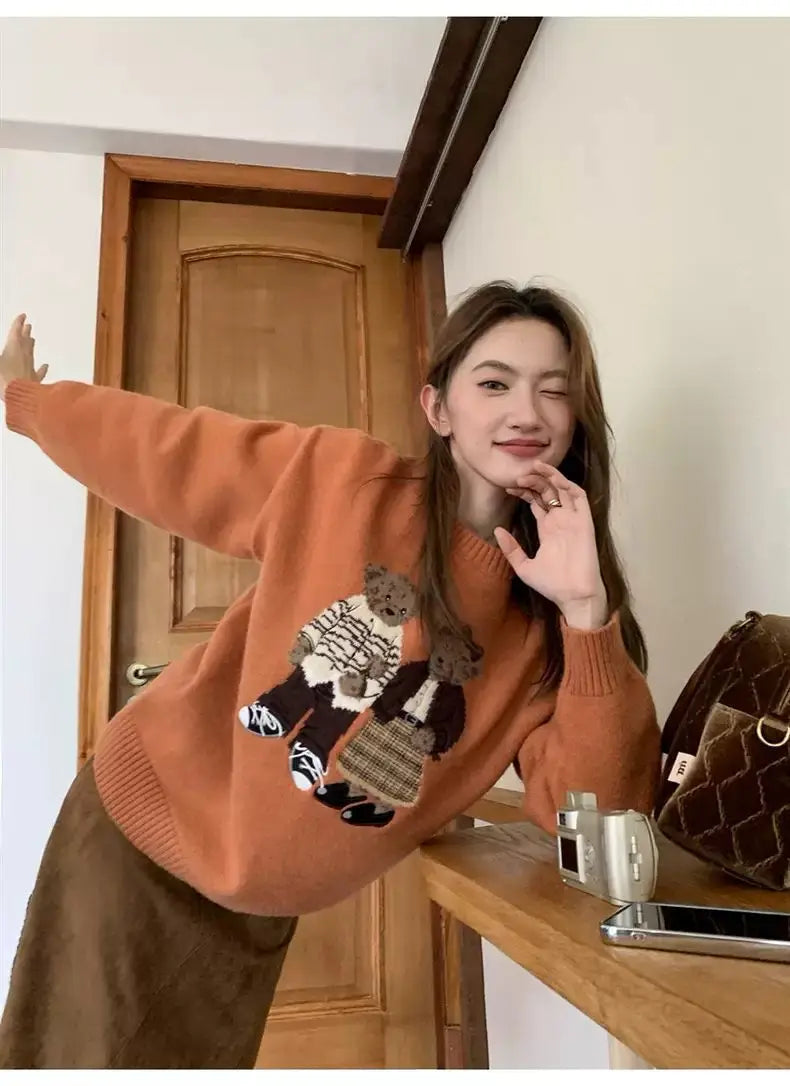 Sweater cartoon small bag core yarn needle retro women's  loose round neck knitted sweater new print black