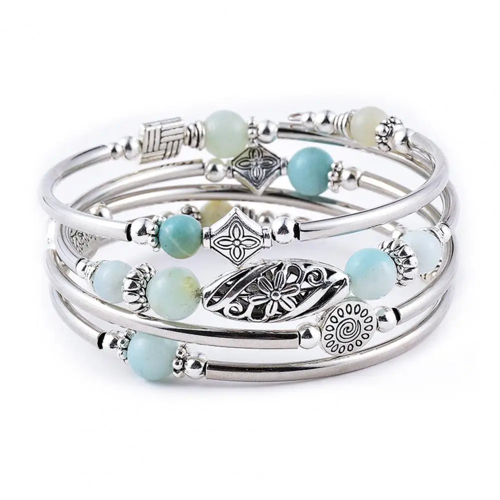 Women Bangle Natural Stones Ethnic Multi Layered Retro Blue Turquoise Beads Wrap Bracelet Jewelry Accessories