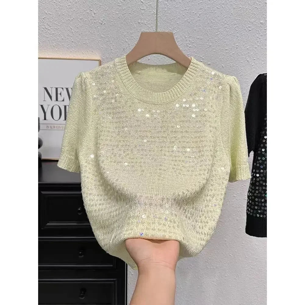 Summer Sweater Short-sleeved T-shirt for Women Temperament and Fashionable Versatile Half-sleeved Sweater Sequin Top