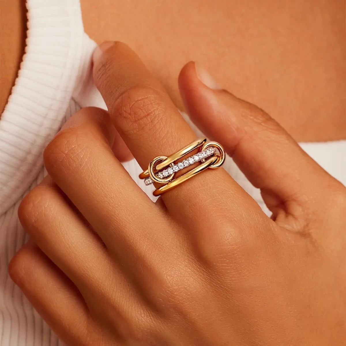 A Three-Ring Two-Color Stacking Ring, Copper Jewelry Inlaid With Zircon, Street Hip-Hop Style Hypoallergenic, Suitable For Women