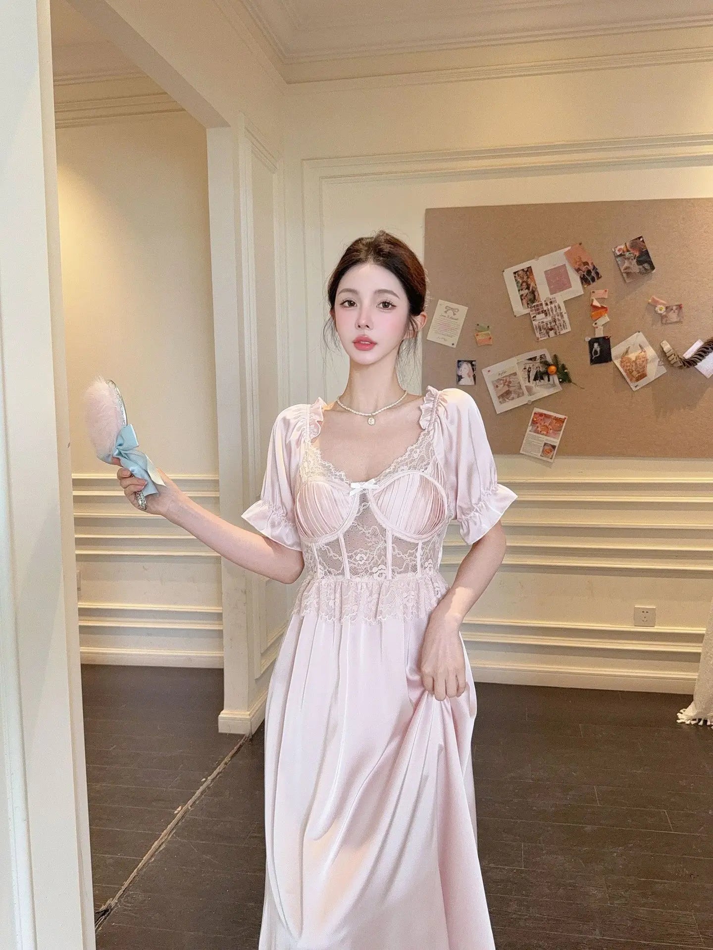 Women Long Nightgown Sleepwear Elegant Retro Court Style Nightdress Home Dressing Gown Spring Summer Rayon Sexy Lace Loungewear