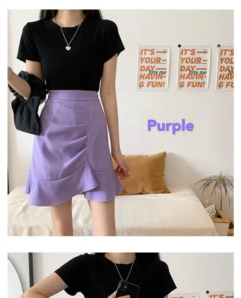 Irregular High Waist Skirts for Female Summer New Korean Fashion All-match Bag Hip A-Line Solid Color Ruffles Spliced Mini Skirt