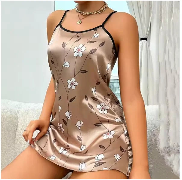 Women Nightwear Home Clothes Sexy Black Floral Printing Nightdress Sleepwear Nightshirts Silk Sleepshirts Nightgowns For Woman