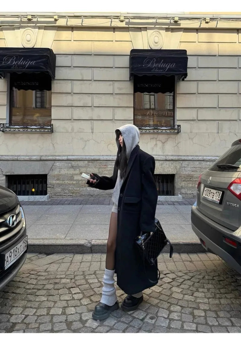 Sweater Set Women American Vintage Hooded Long Sleeve Cardigan Straight Shorts Grey Two Piece Outfit Fall Winter Streetwear Set