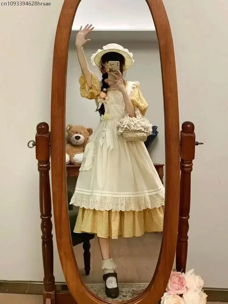 2025Spring NEW Two-piece Dress Suit French Sweet Pastoral Style Slim Square Collar Yellow Plaid Dress Women + Ruffles OuterDress