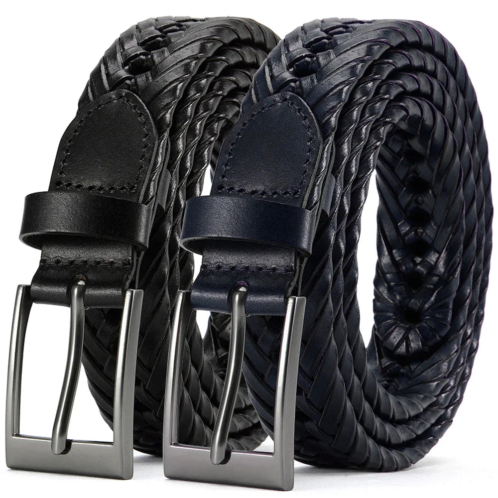 Men Belts Genuine Leather LONG Large Pin Buckle Metal Automatic Buckle High Quality Braided Vintage Casual for Jeans Women Strap