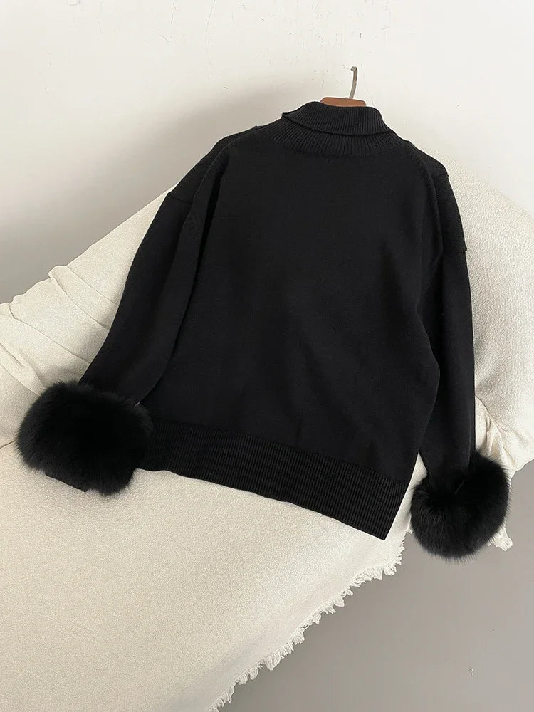Sweater Women 2024 Autumn Winter Fashionable Sweaters with Real Fox Fur Sleeves Slim Fit Sweaters Fur Knitwear England Style