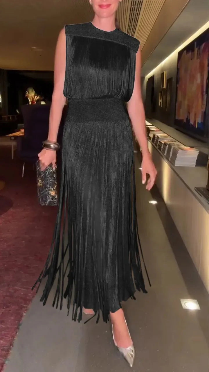 Two Piece Sets Fashion Sequin Fringed Dress for Women Streetwear Glitter Sleeveless Party Gown Elegant O-neck Long Dresses