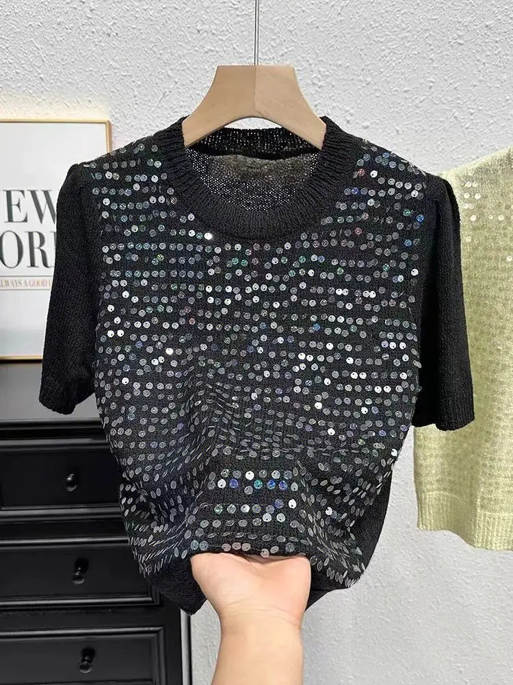 Summer Sweater Short-sleeved T-shirt for Women Temperament and Fashionable Versatile Half-sleeved Sweater Sequin Top
