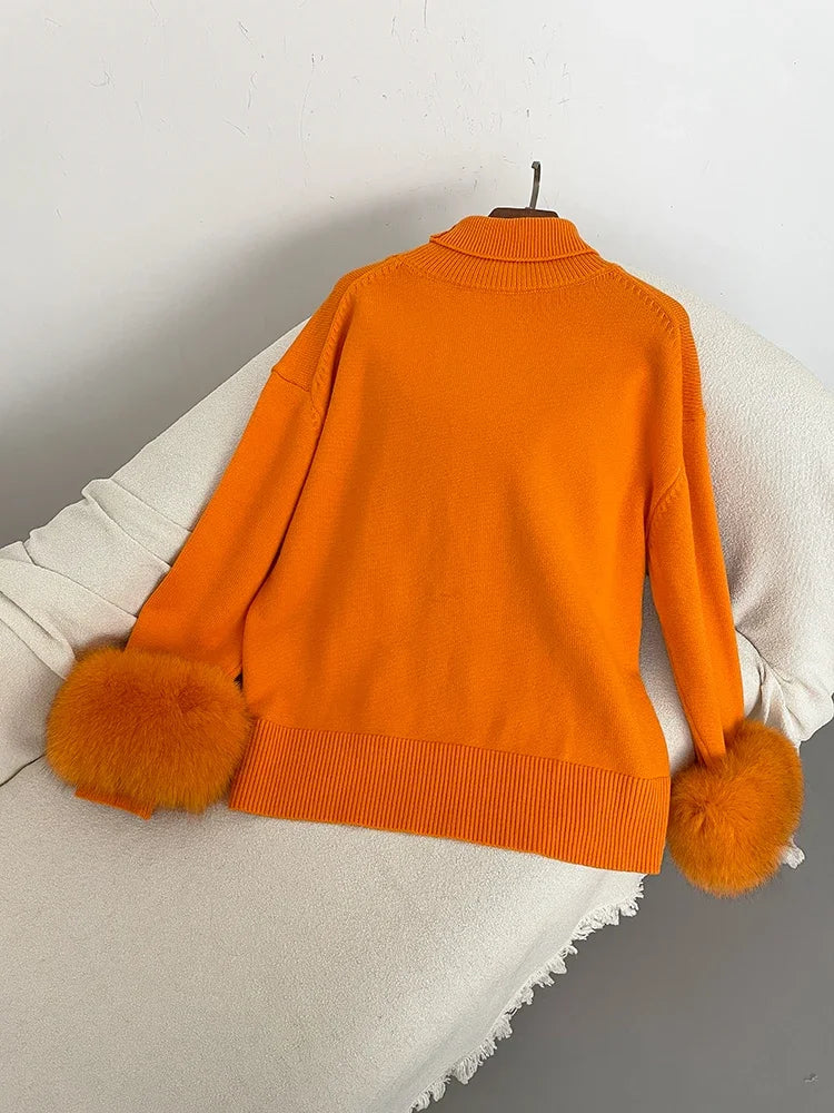 Sweater Women 2024 Autumn Winter Fashionable Sweaters with Real Fox Fur Sleeves Slim Fit Sweaters Fur Knitwear England Style