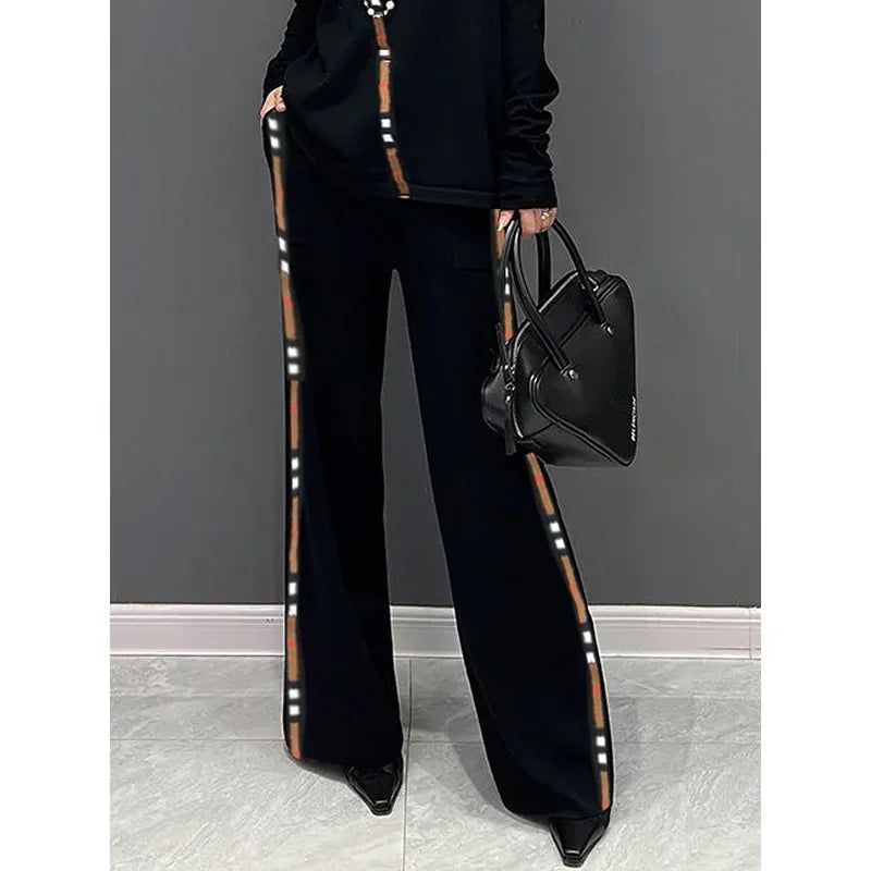 2025 Trousers Sets Women's Two Pieces Set New Spring Elegant Contrast Color High Neck Long Sleeves Wide Leg Pants Suit