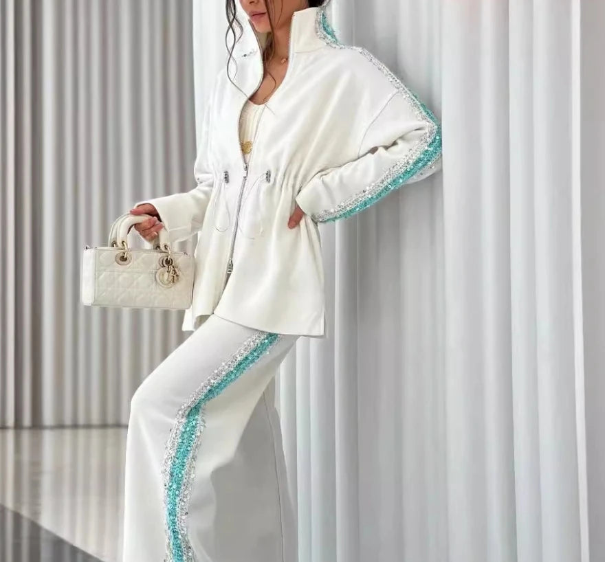 Women's two pieces set Fashionable Contrasting Color Drawstring Elastic Top Casual Pants Set Temperament Commuting Two-Piece Set