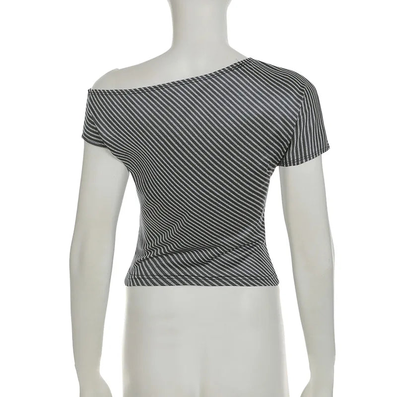 Striped T Shirts For Women Streetwear Inclined Collar Crop Top Y2k Accessories Short Sleeve Grunge Clothes Ropa Mujer Camisetas