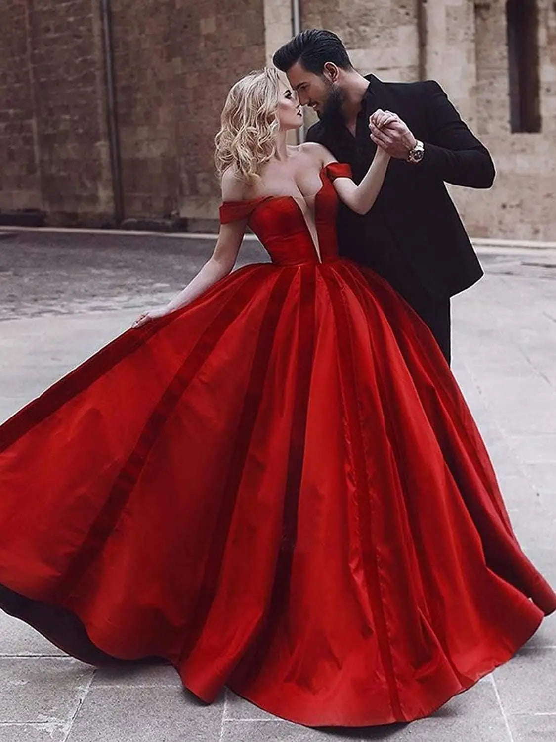 Ball Gown for Women Satin Dress Red Prom Dresses Long Off Shoulder V-Neck A-Line Formal Dress Women Elegant Evening Dress