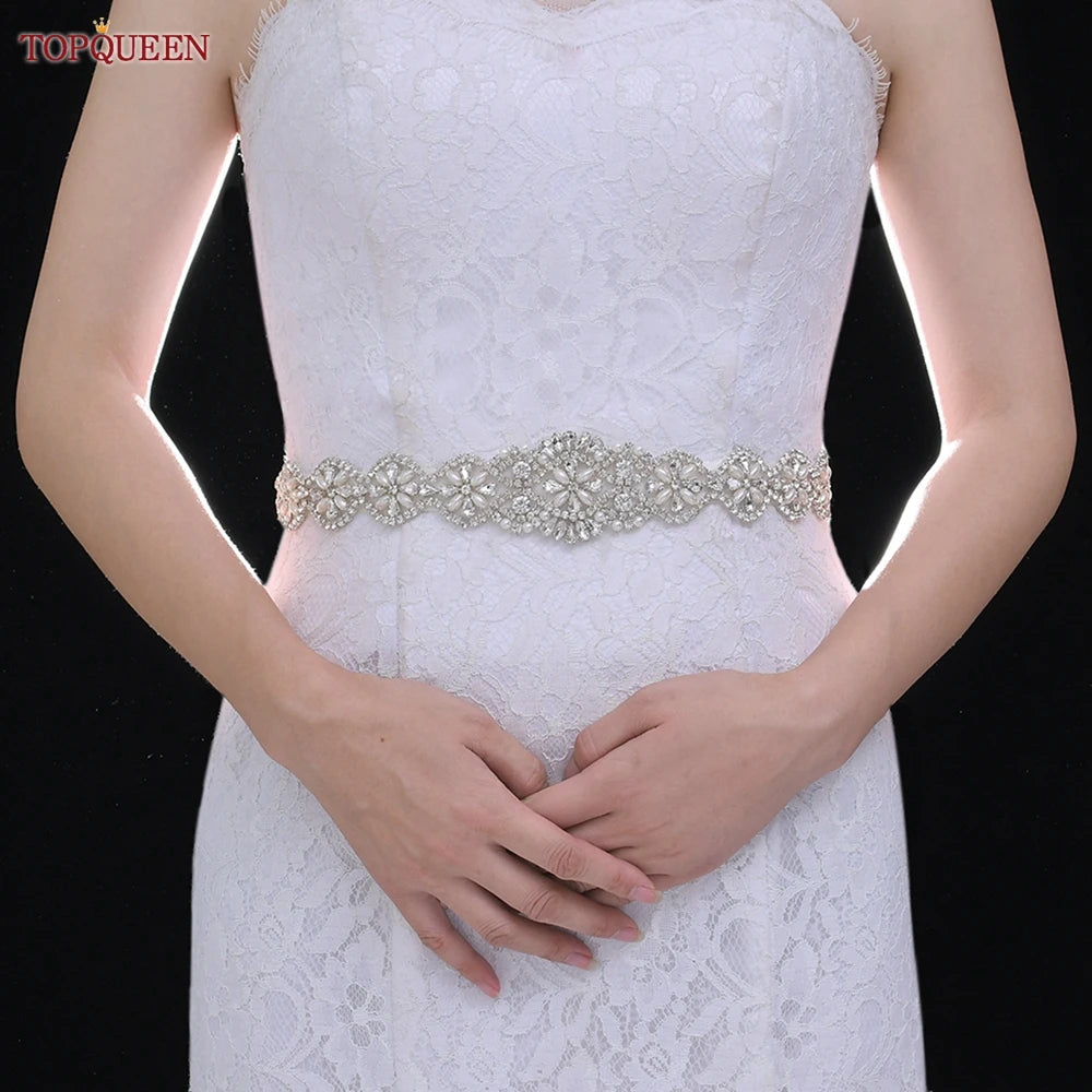 TOPQUEEN Bridal Belts Bling Wedding Women Jewelry Silver Rhinestone Pearl Crystal Sparkly Party Formal Dress Diamond Sash S161