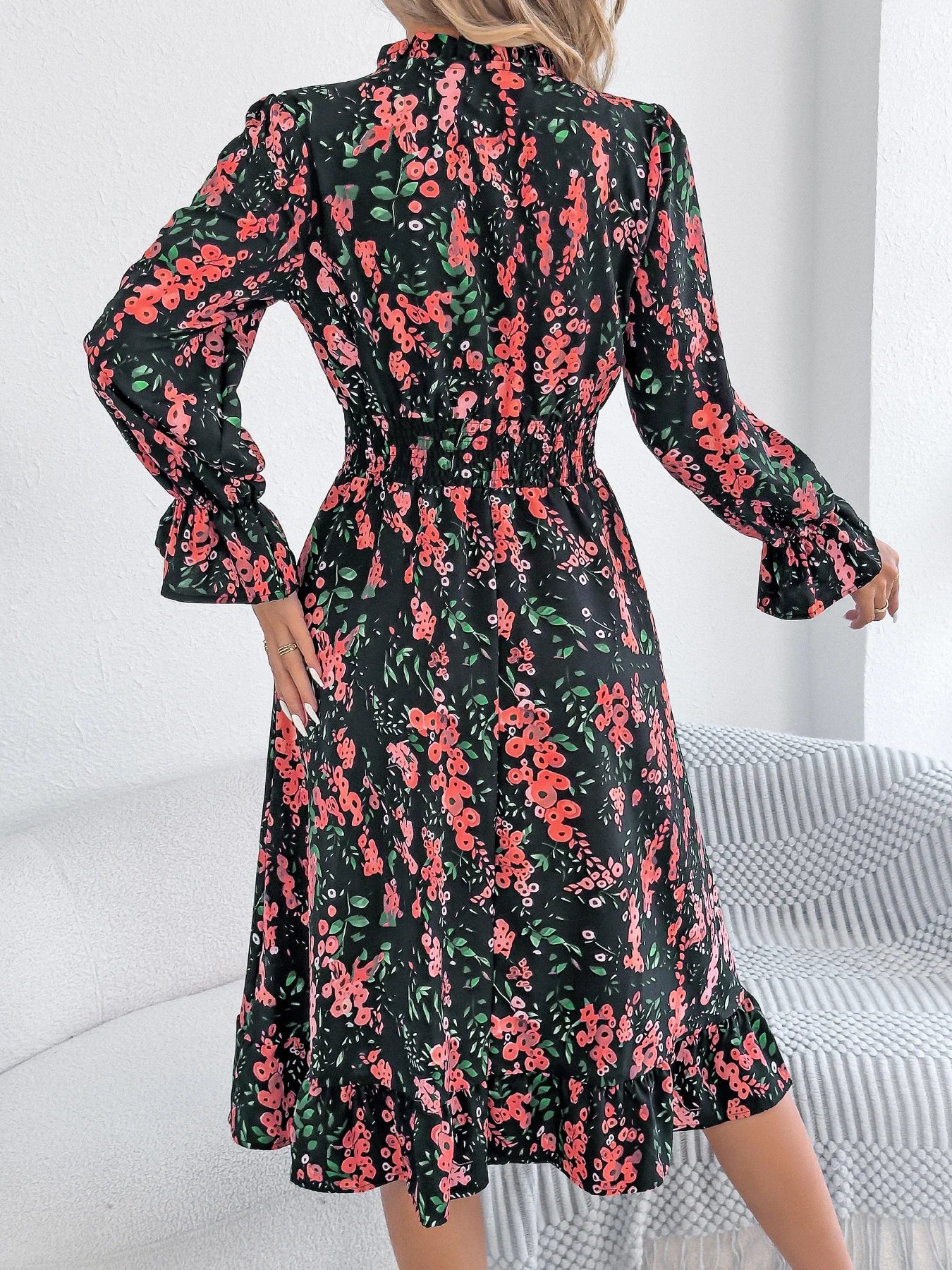 Elegant Floral Print Dresses Women 2025 Autumn Winter V Neck Flare Long Sleeve Ruffled A Line Dress