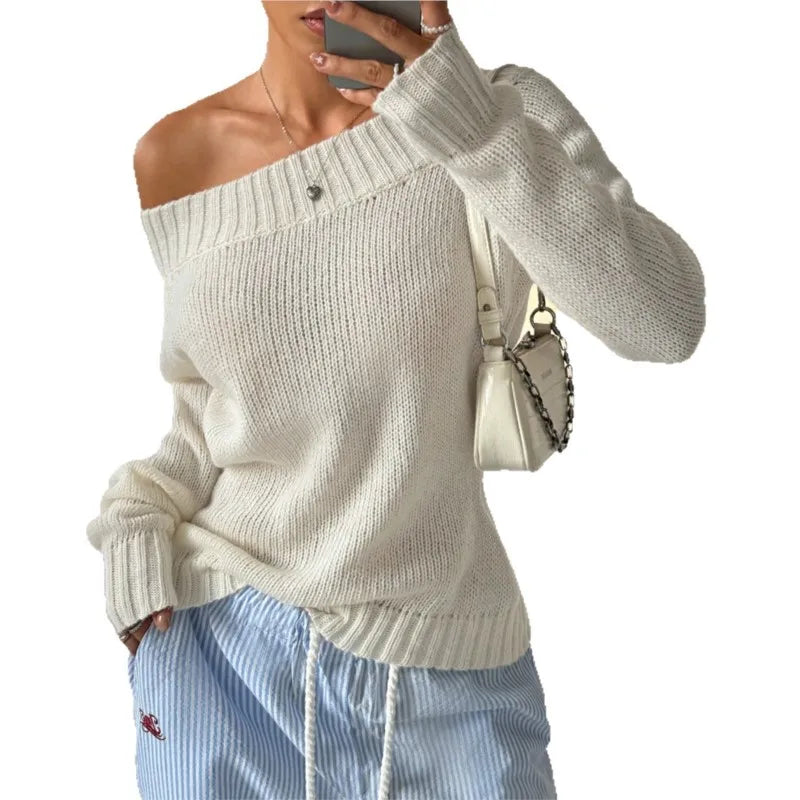 Sweater  Autumn/Winter White Simple One Word Collar Hoodie With Oblique Shoulder Out Long Sleeve Women's Knitted Casual Women