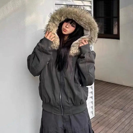 Winter Jackets Fur Collar Parkas Women Vintage Thicken Fleece Warm Jackets Streetwear Harajuku Hip Hop Padded Jackets Outwear