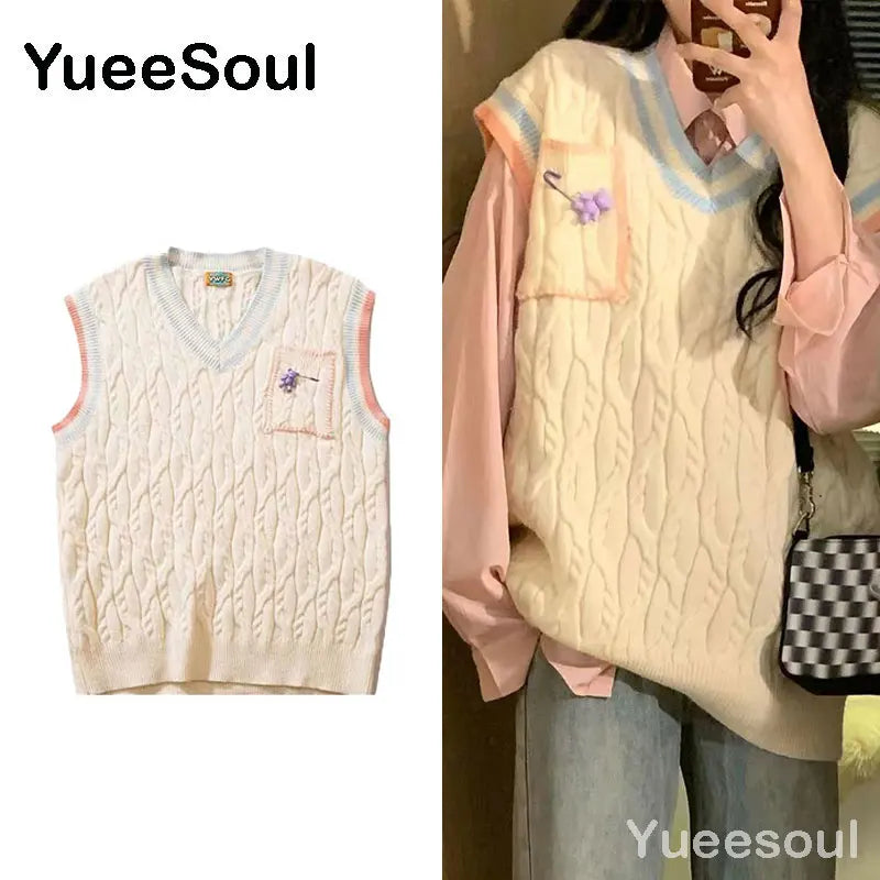 Sweet Kawaii Sweater Vest Printed Sleeveless Casual Outerwear Knitted Waistcoat 2023 Vintage Y2K Spring  E Girl Pullovers Tops