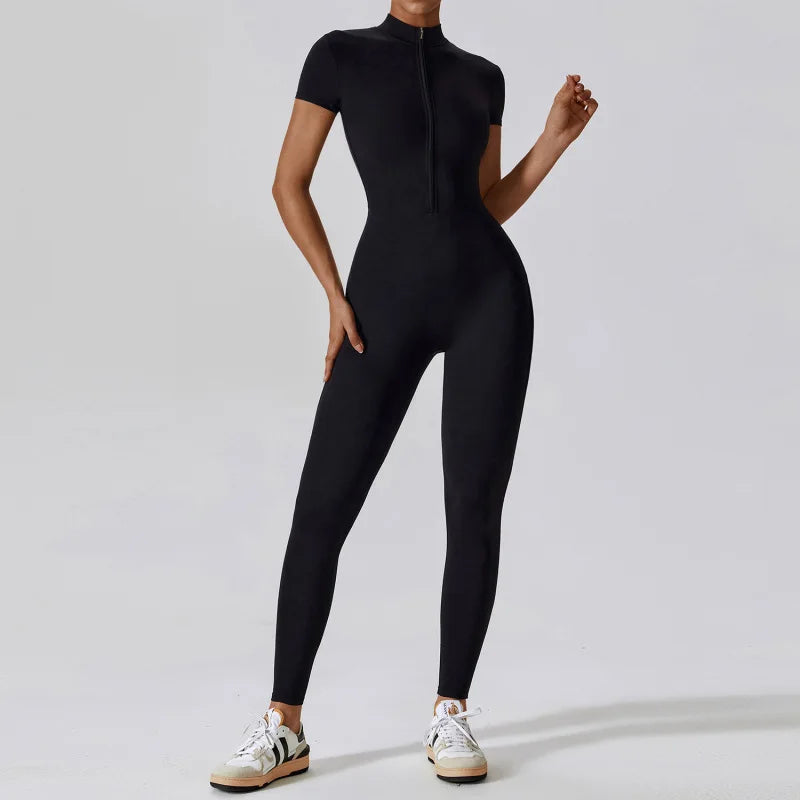 Women's High Elastic Yoga Bodysuit One-Piece Stand Collar Short Sleeve Gym Cycling Workout Sportswear