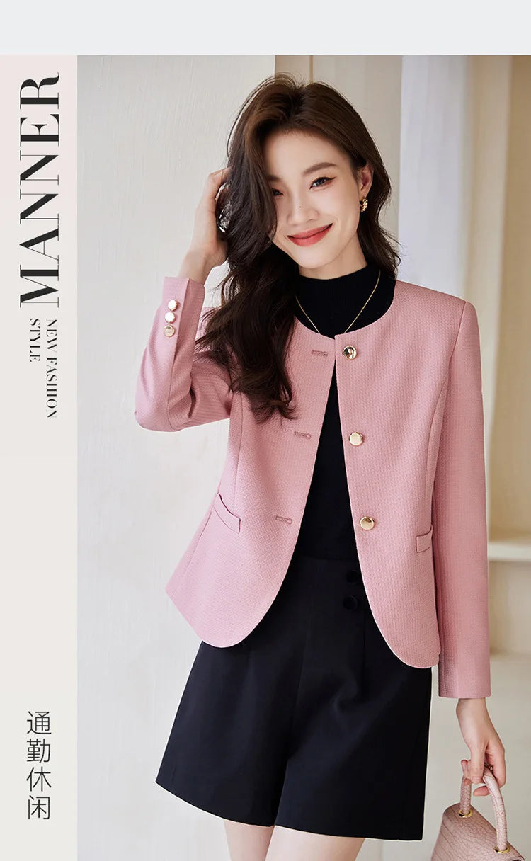 High quality blazer for women short jacket single breasted O neck spring autumn elegant office clothes pink yellow blue white