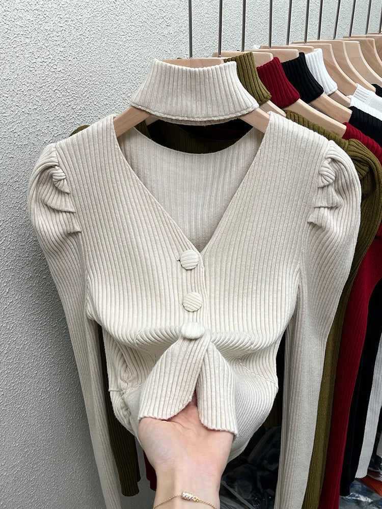Red Sweater Knitted Sweater Women's Inner Layering Shirt with Unique Unique V-neck Halter Top Design for Autumn and Winter
