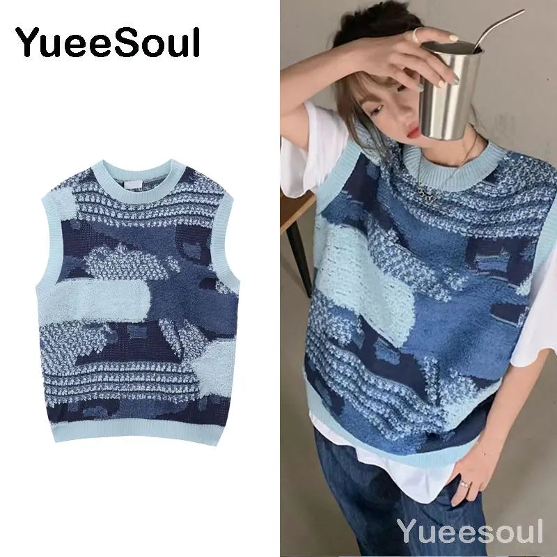 Sweet Kawaii Sweater Vest Printed Sleeveless Casual Outerwear Knitted Waistcoat 2023 Vintage Y2K Spring  E Girl Pullovers Tops