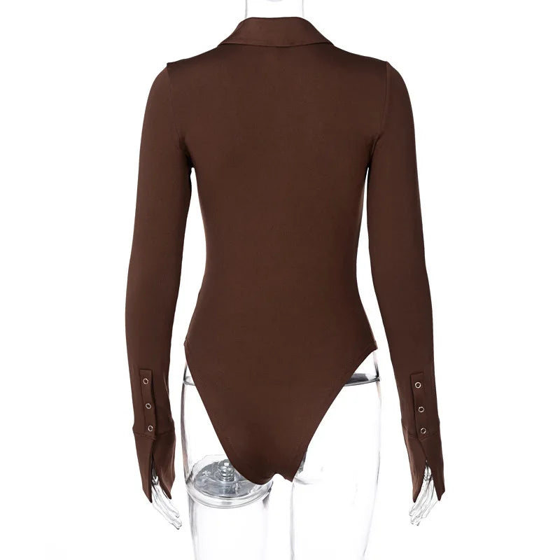 Long Sleeve Bodysuit Women Y2k Clothes Button Lapel Sexy Tops Autumn Winter Fashion Stretch Tight Elegant Body Suits Women 2024