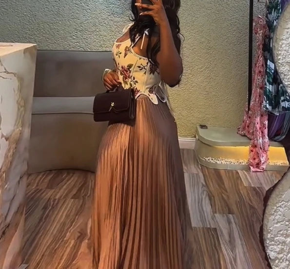 Elegant Party Dresses Woman Sexy New Sweet and Fresh Printed Waist Collection Tank Top High Waist Pleated Skirt Two Piece Set
