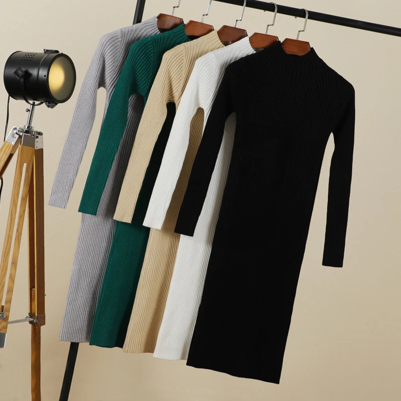 Sweater Dress Female 2025 Winter Knitted Basic Casual Women's Dresses Ladies Korean Fashion Clothes Clothing Robe Elegant Black