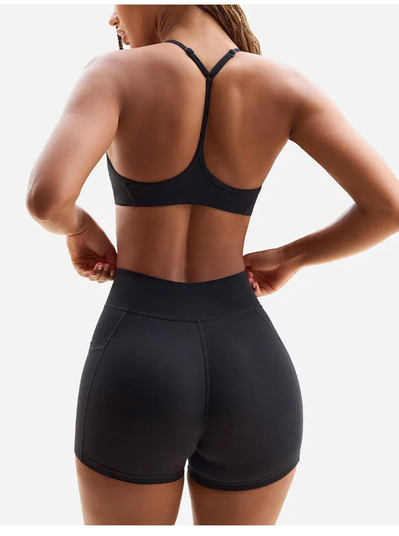 Women's Yoga Suit High Elasticity Naked Breathable Elastic Cross Waist Shorts Hanging Neck Bra Beautiful Back Gym Exercise Set