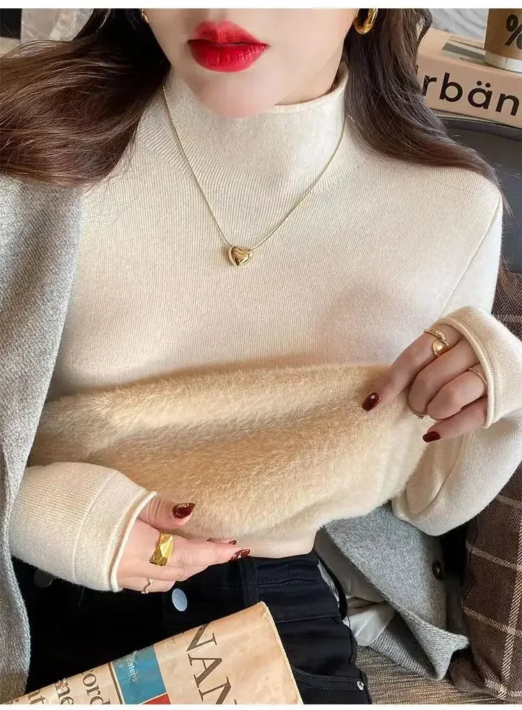 2025 Sweater For Women Casual Thick Warm Knit Plush Velvet Lined Pullover Tops Fall Winter Soft Knitwear Jumper New Slim Poleras