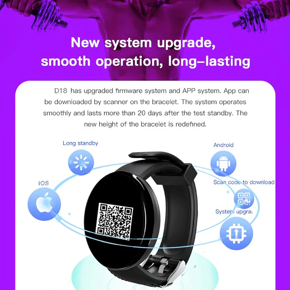 2025 New D18 Smart Watch Heart Rate Monitor Men's Women's Smartwatch Round Fitness Digital Watches for Men Women Band Bracelet