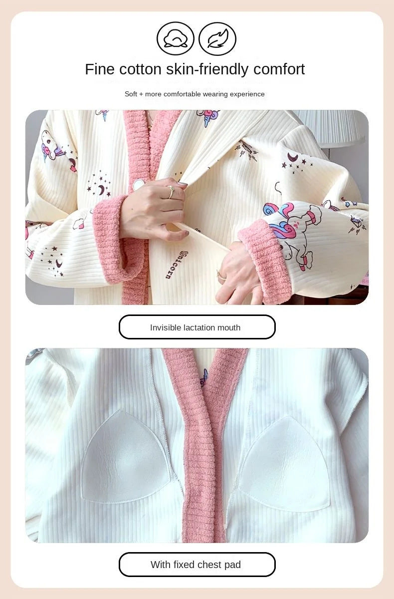 Maternity Sleepwear Nursing Nightwear Long Sleeve Robe Loose Fit Pregnant Women Homewear Winter Comfortable Fleece Nightwear