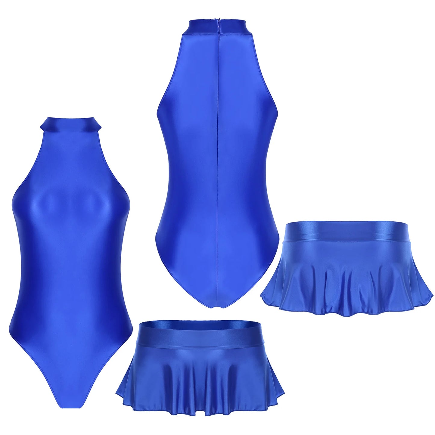 Women Glossy Bodysuit Swimsuit Set Elastic Sleeveless High Cut Leotard with Ruffled Mini Skirt Swimming Bathing Suit Swimwe﻿ar