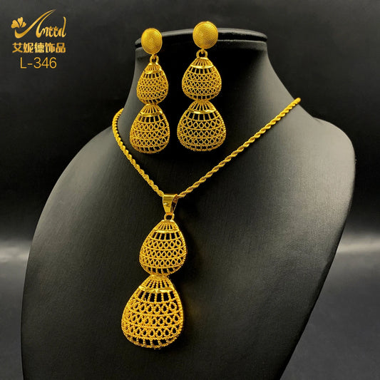 Ethiopian Jewelry Sets for Women Droplet Pendant Necklaces Earrings Two Pieces Set 24K Gold Color Eritrean Wedding Party Gifts