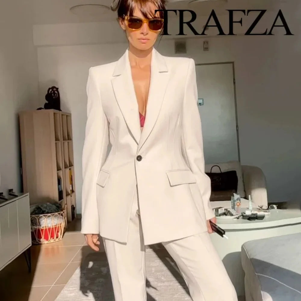 Women's Blazer New Spring Elegant Casual Office Lady White Jacket Coat Fashion Leg Trousers Pant Suit