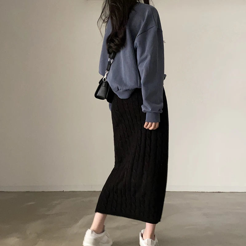 Solid Knitted Skirts For Women 2023 Fashion Autumn Winter Slim Long Skirt Vintage Casual Elastic High Waisted Straight Skirt New