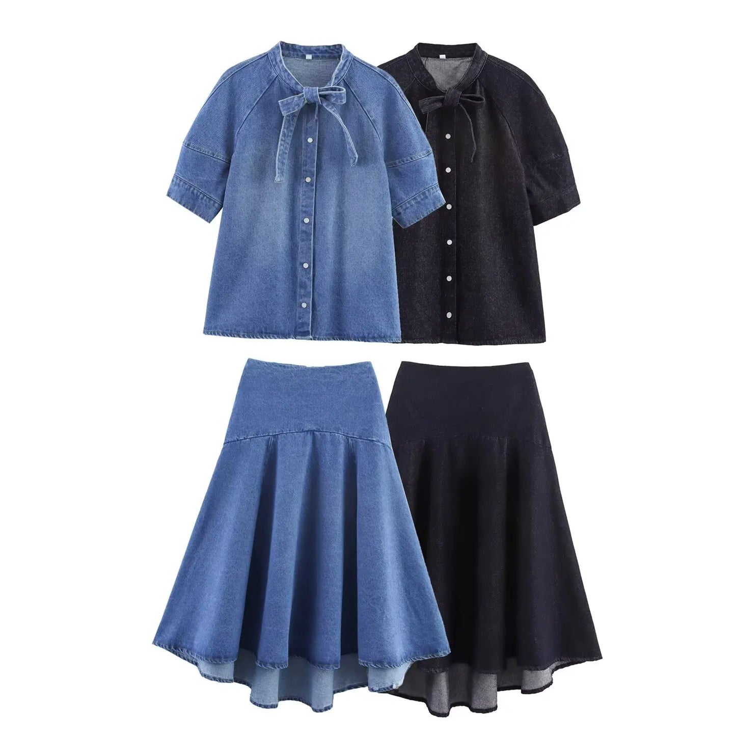 HH Women Casual Suits Bow Decoration Single-breasted Shirt+Zipper Pleated Elastic Waist Midi Skirt Denim Solid Skirt Sets