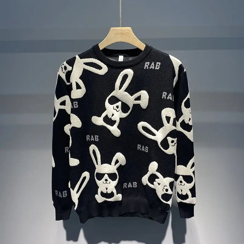 Sweater Men's Autumn Winter New Personality Rabbit Round Neck Casual Knitted Sweaters Flocking Print Long Sleeves Slim Pullover